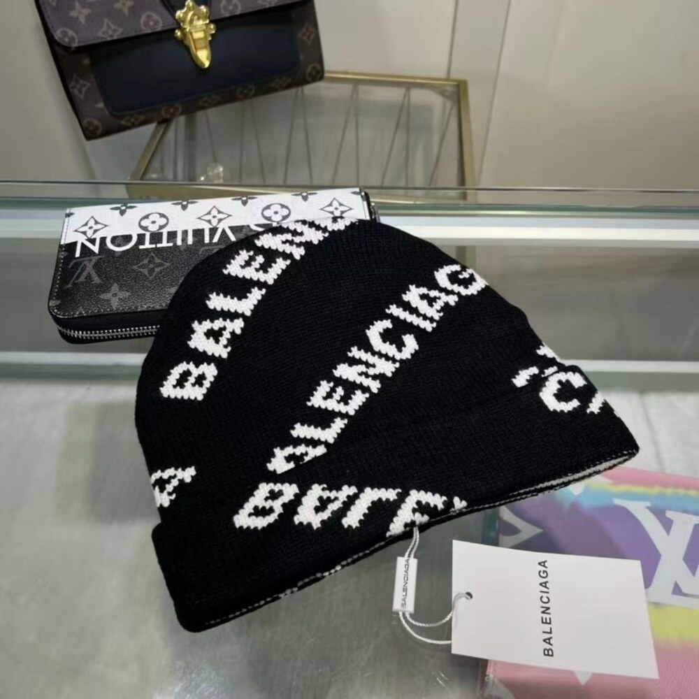 Balenciaga All Over Logo Knit Beanie in Black